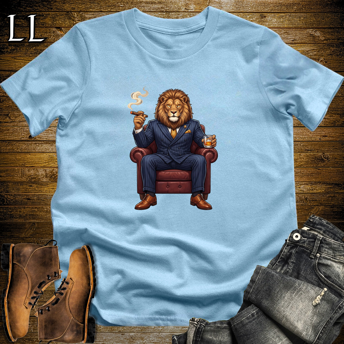 Cigar Lounge Lion T-Shirt Light Blue | Big Cat Cigar Gift