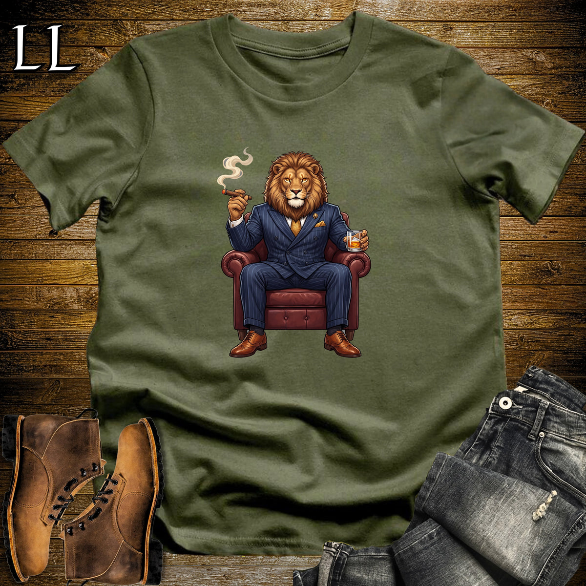 Cigar Lounge Lion T-Shirt Military Green | Big Cat Cigar Gift