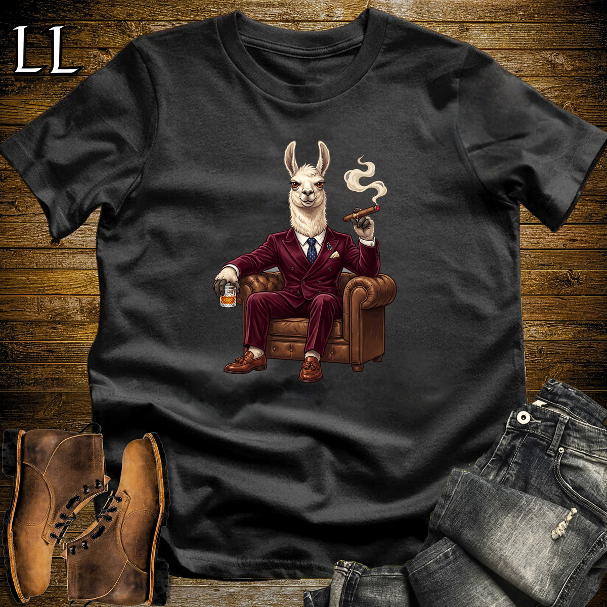 Cigar Lounge Llama T-Shirt Black | Farm Animal Cigar Gift