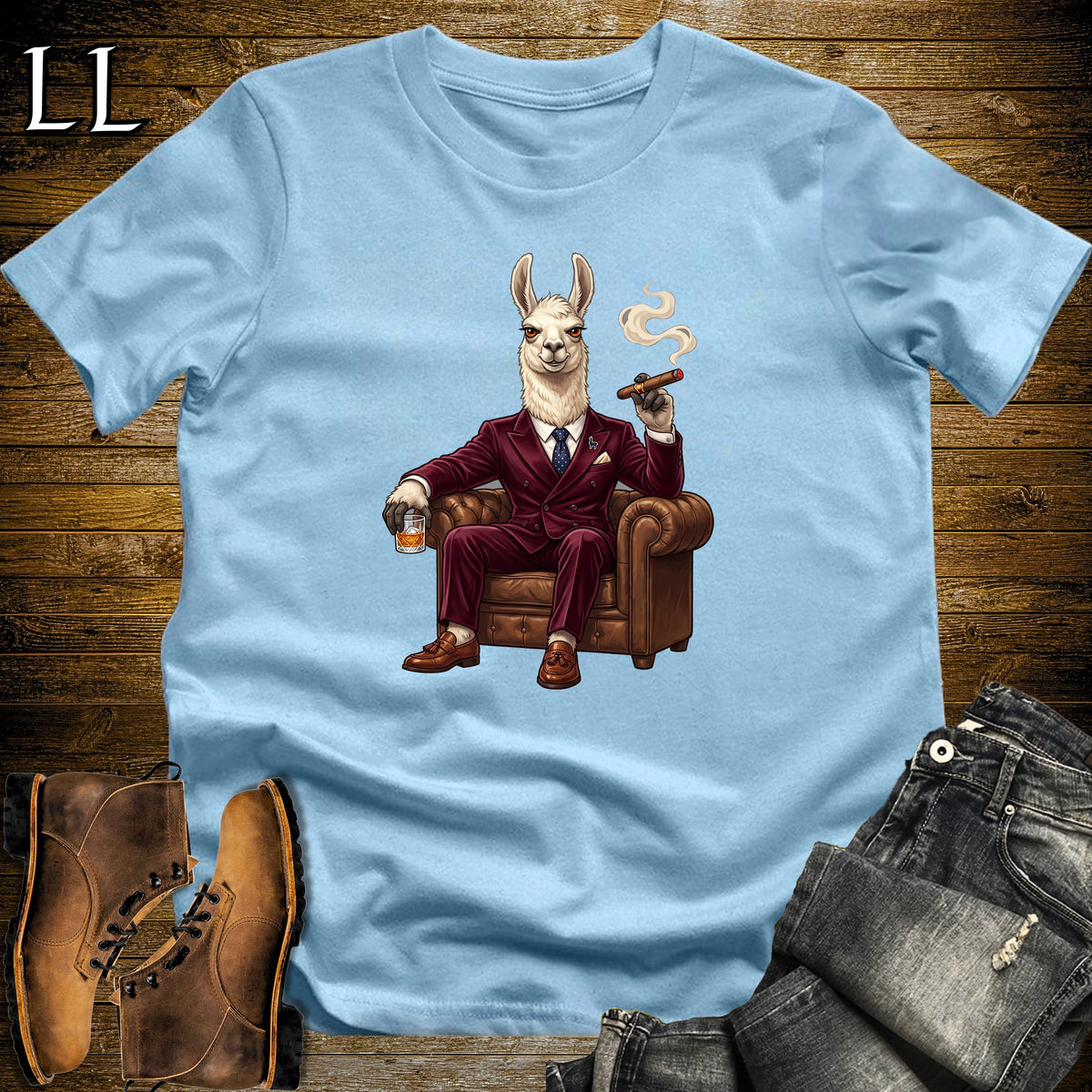 Cigar Lounge Llama T-Shirt Light Blue | Farm Animal Cigar Gift