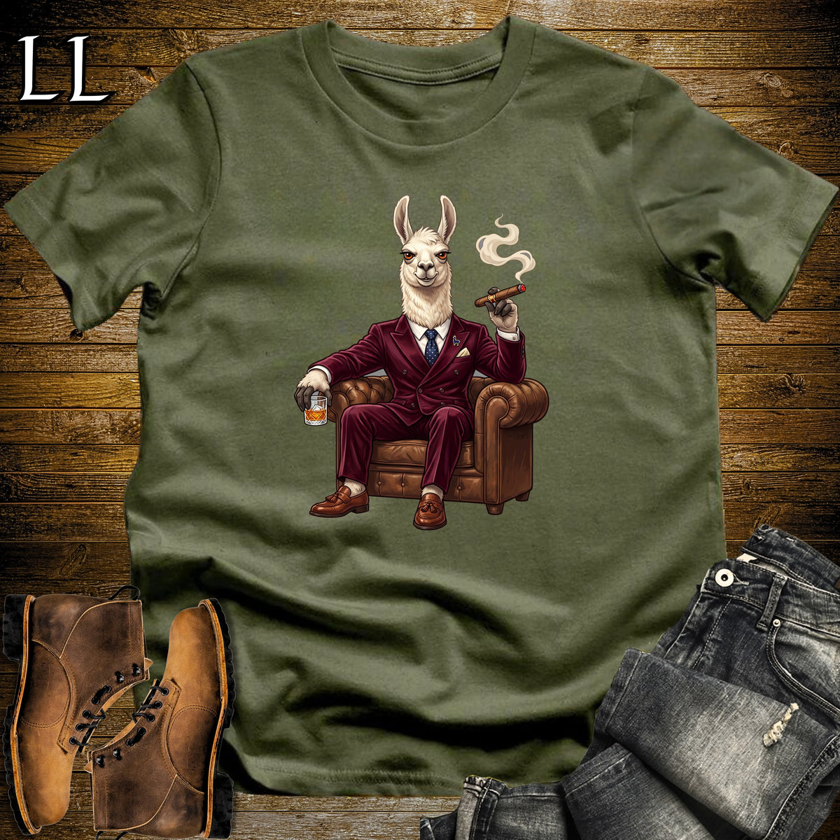 Cigar Lounge Llama T-Shirt Military Green | Farm Animal Cigar Gift