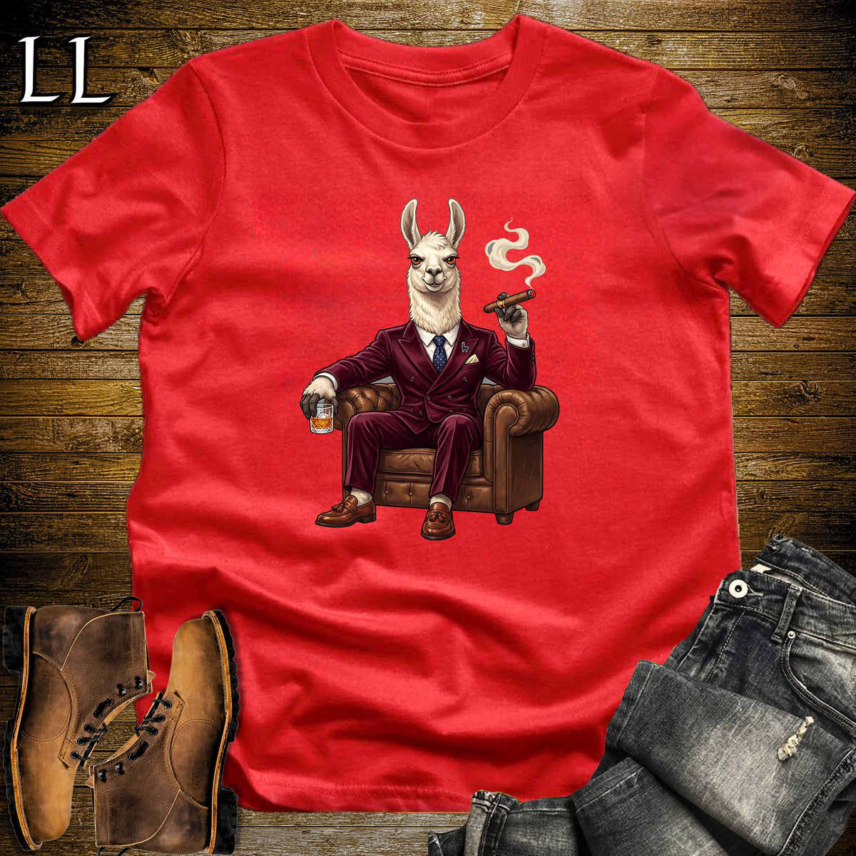 Cigar Lounge Llama T-Shirt Red | Farm Animal Cigar Gift