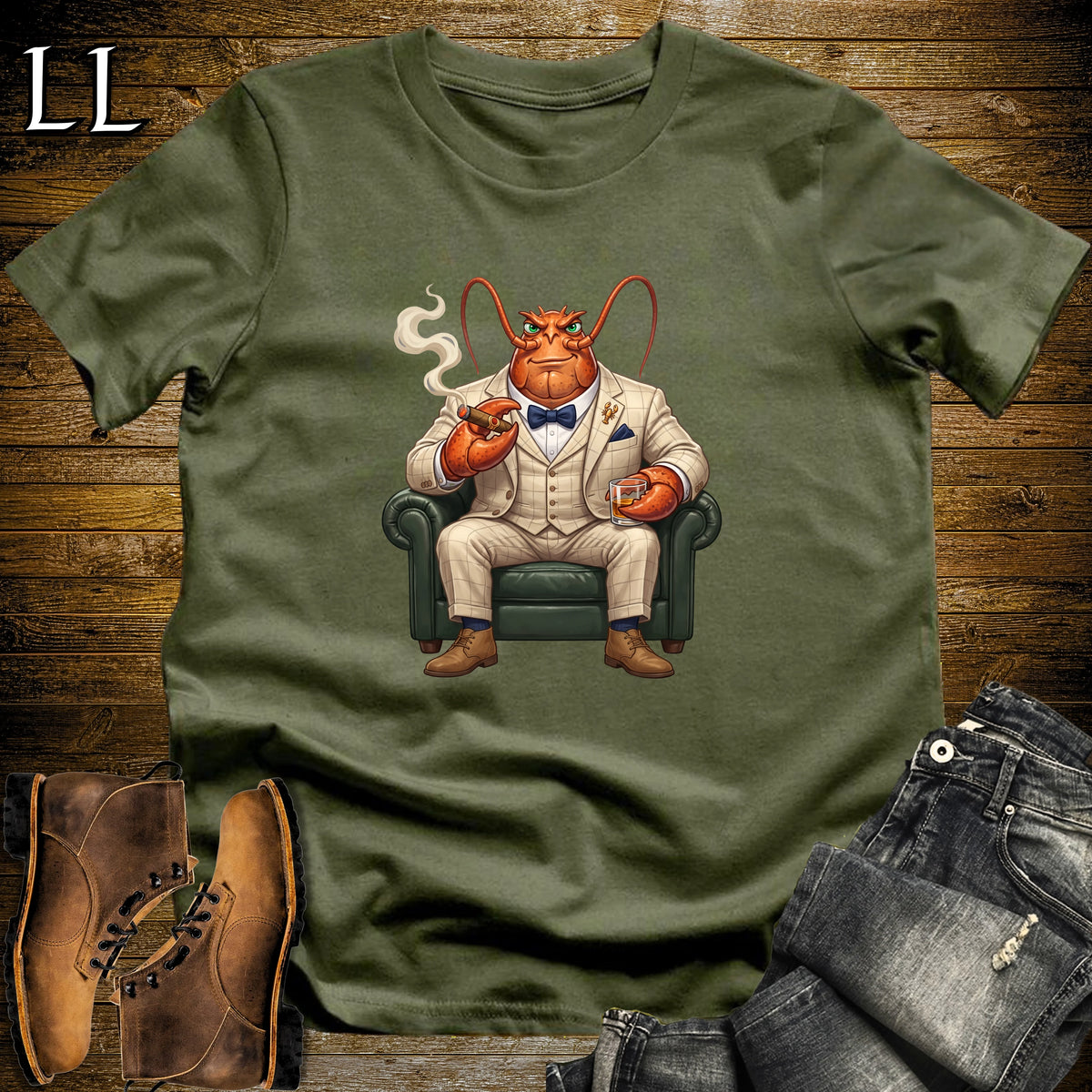 Cigar Lounge Lobster T-Shirt Military Green | Beach Cigar Gift