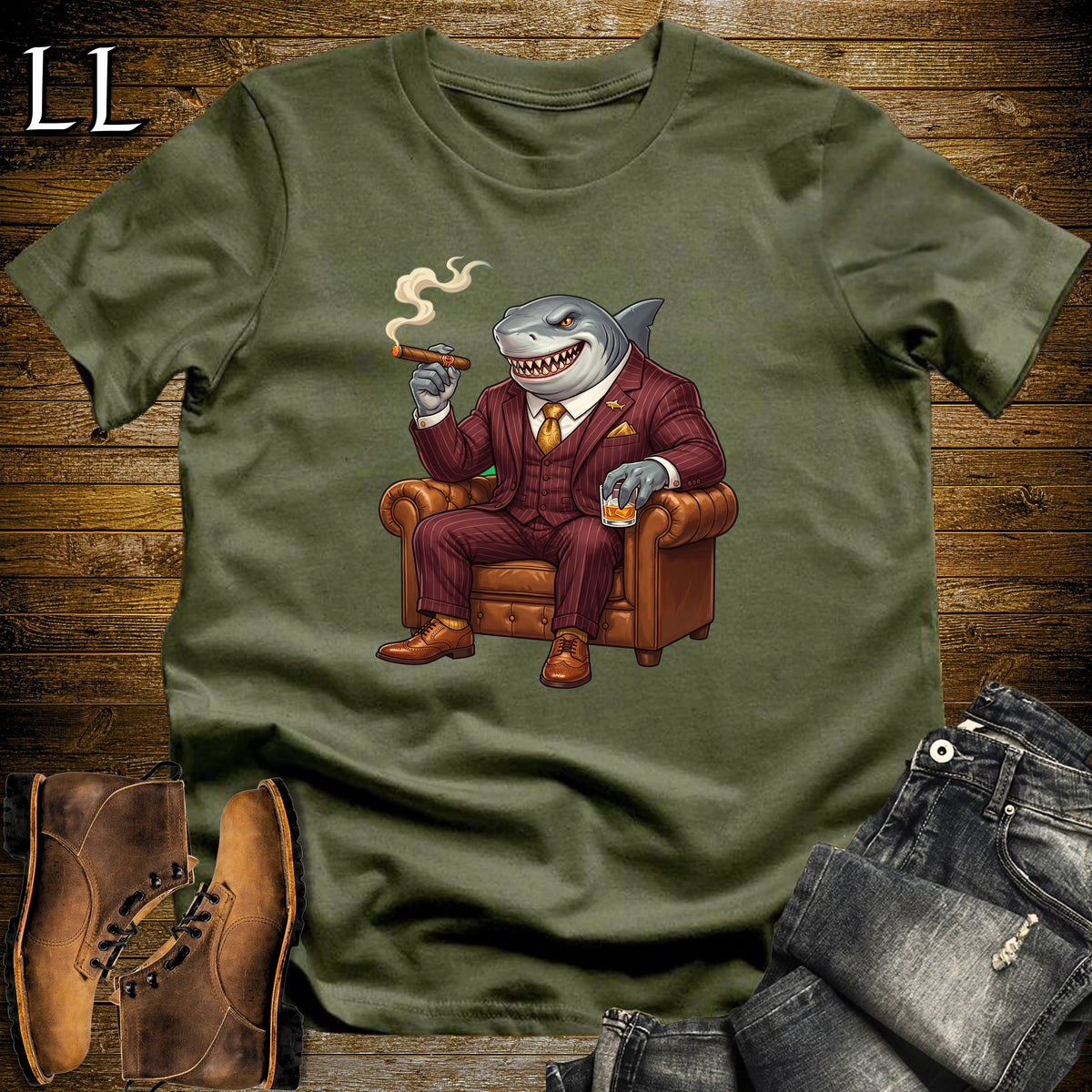 Cigar Lounge Megalodon T-Shirt Military Green | Shark Cigar Gift