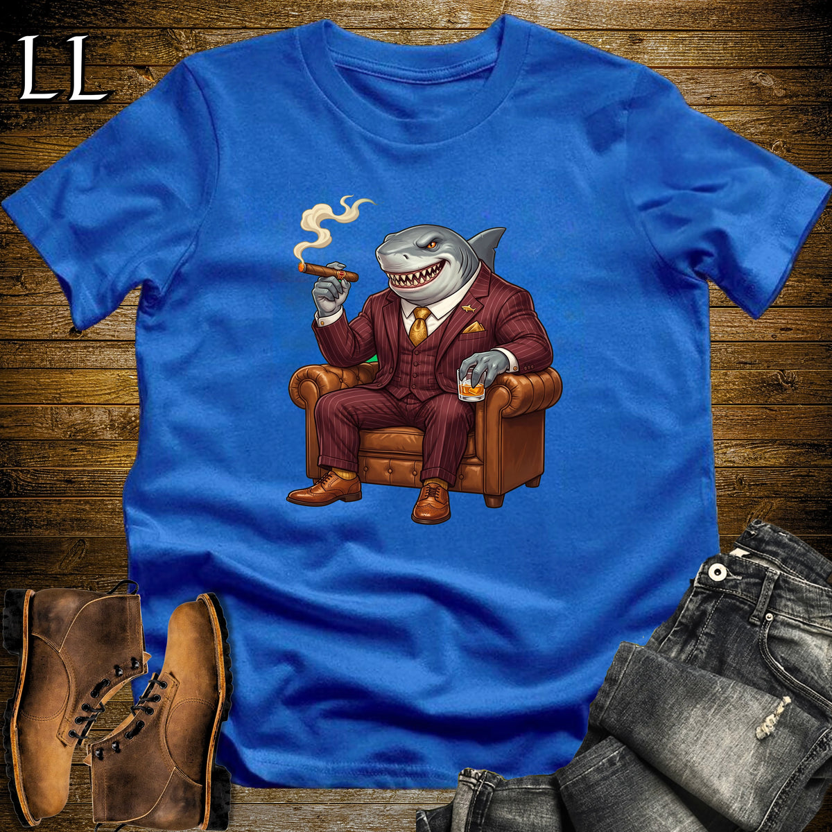 Cigar Lounge Megalodon T-Shirt Royal Blue | Shark Cigar Gift