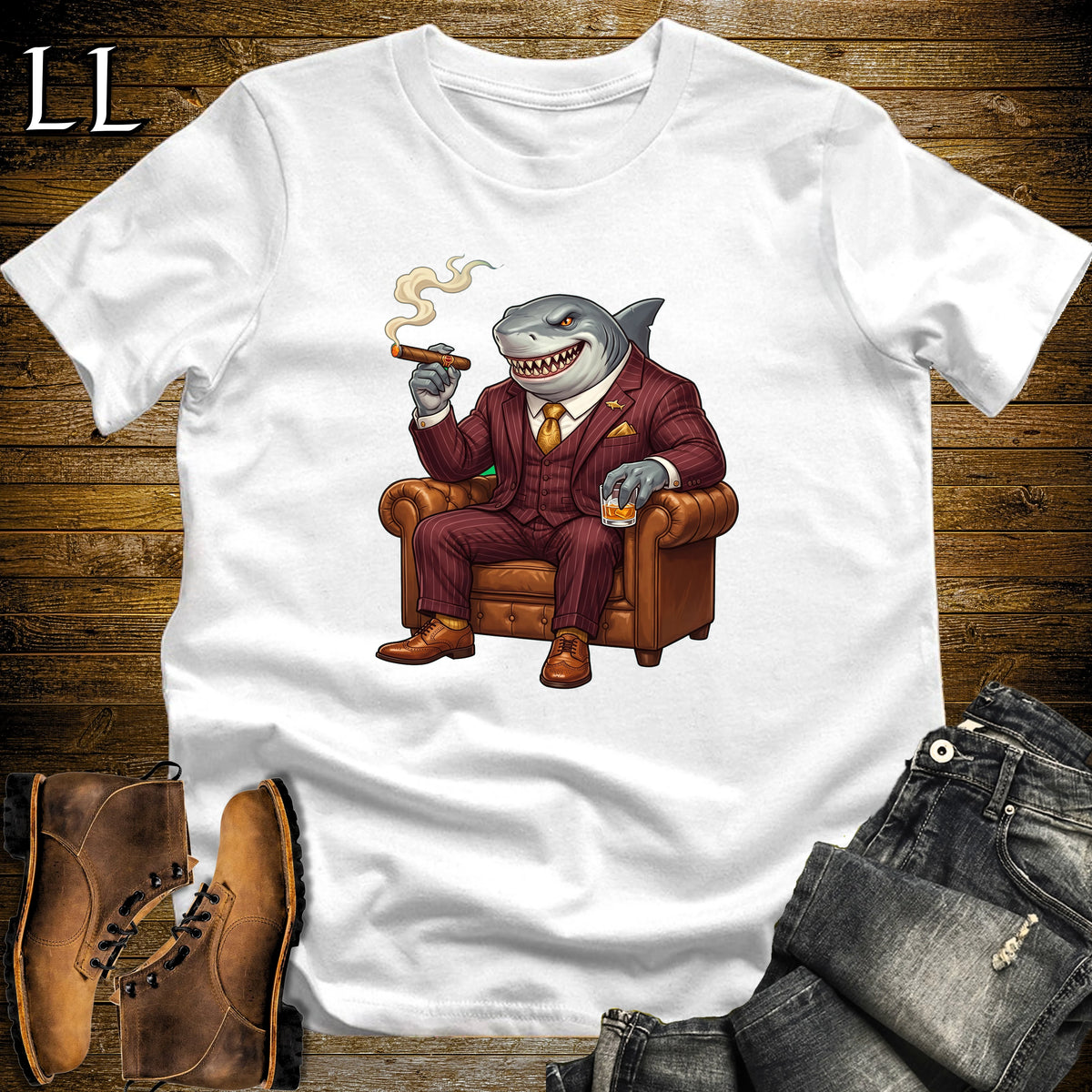 Cigar Lounge Megalodon T-Shirt White | Shark Cigar Gift