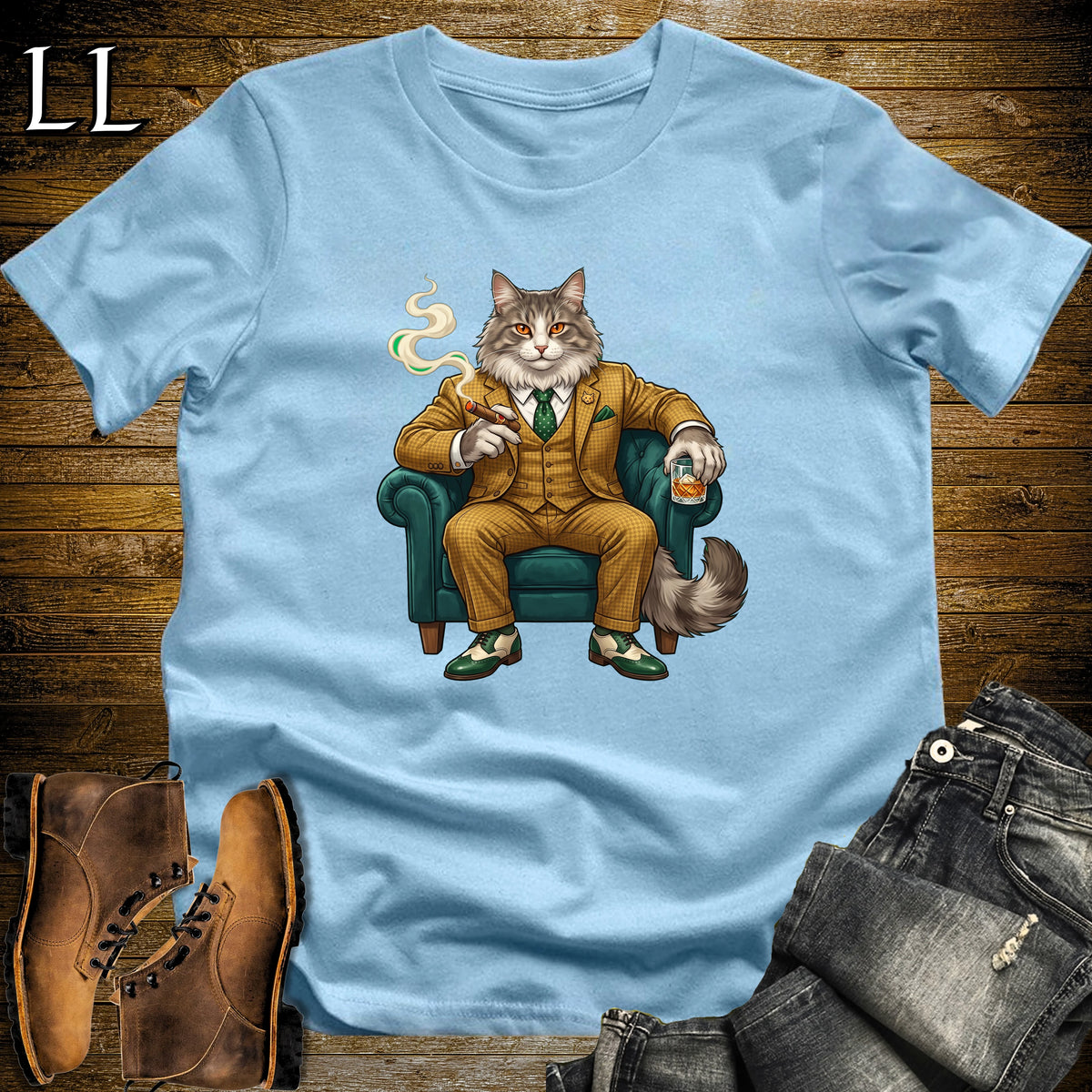 Cigar Lounge Norwegian Forest Cat T-Shirt Light Blue | Cat Cigar Gift