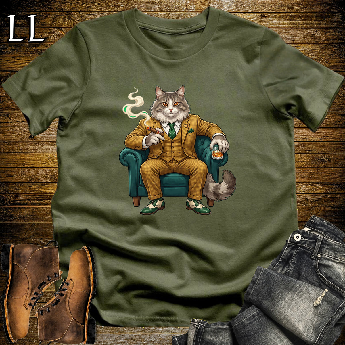Cigar Lounge Norwegian Forest Cat T-Shirt Military Green | Cat Cigar Gift