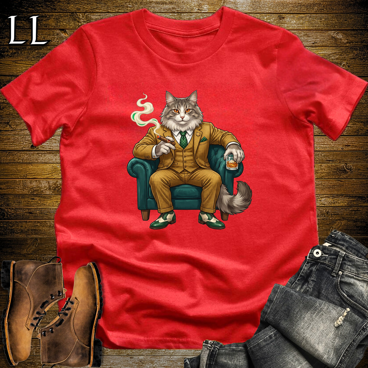 Cigar Lounge Norwegian Forest Cat T-Shirt Red | Cat Cigar Gift