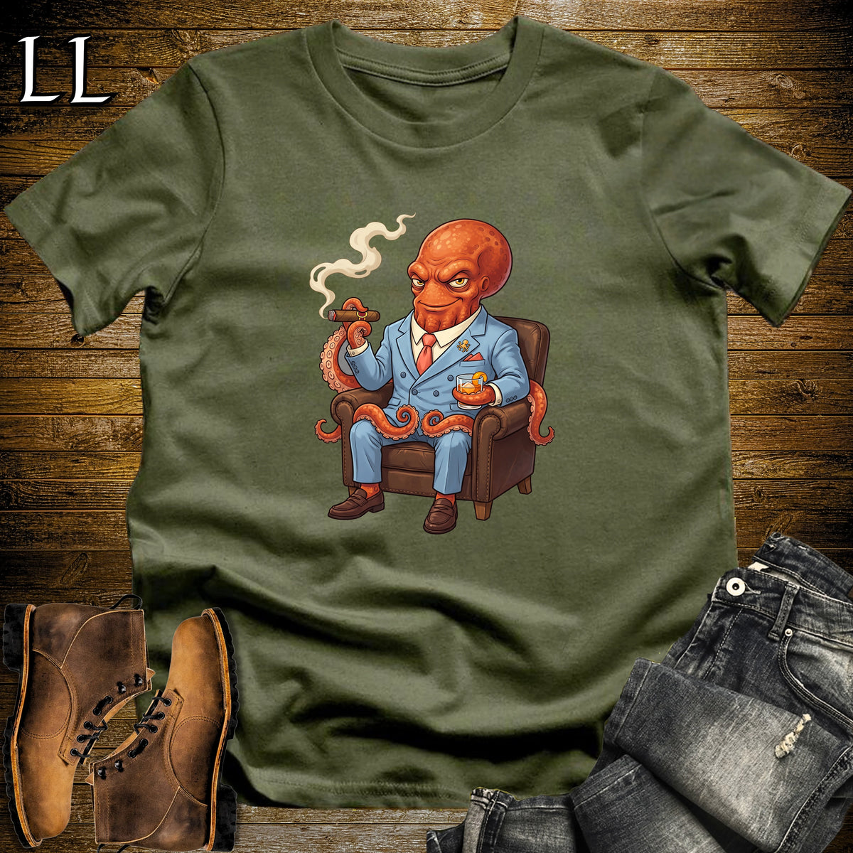 Cigar Lounge Octopus T-Shirt Military Green | Beach Cigar Gift