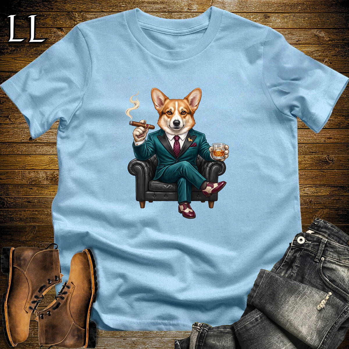 Cigar Lounge Pembroke Welsh Corgi T-Shirt Light Blue | Dog Cigar Gift