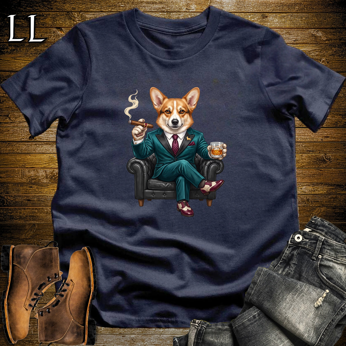 Cigar Lounge Pembroke Welsh Corgi T-Shirt Navy | Dog Cigar Gift
