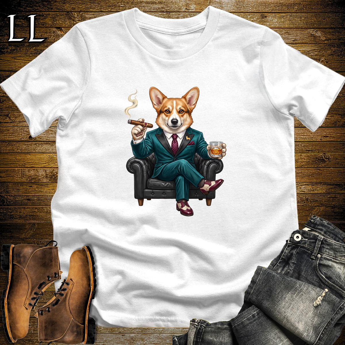 Cigar Lounge Pembroke Welsh Corgi T-Shirt White | Dog Cigar Gift