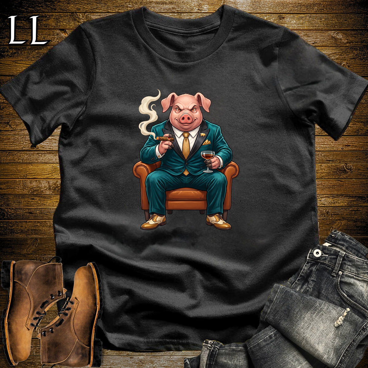 Cigar Lounge Pig T-Shirt Black | Farm Animal Cigar Gift