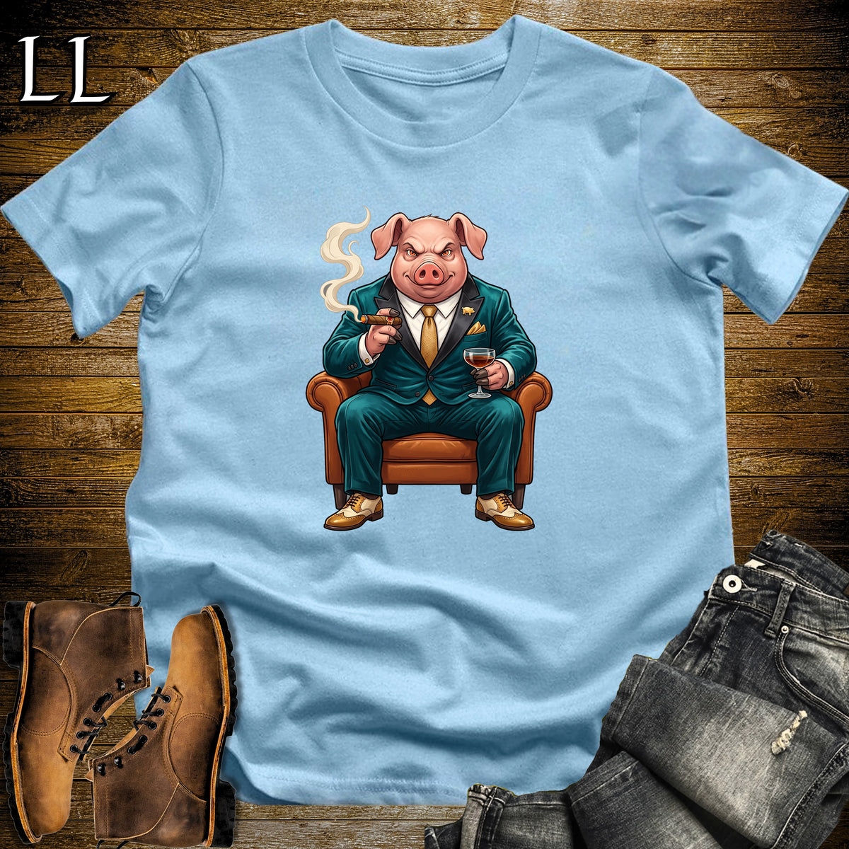Cigar Lounge Pig T-Shirt Light Blue | Farm Animal Cigar Gift