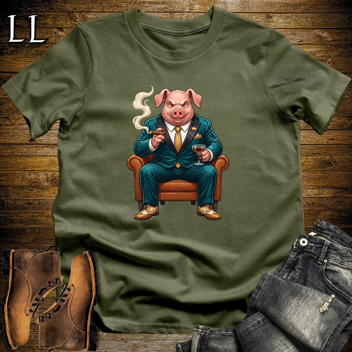 Cigar Lounge Pig T-Shirt Military Green | Farm Animal Cigar Gift