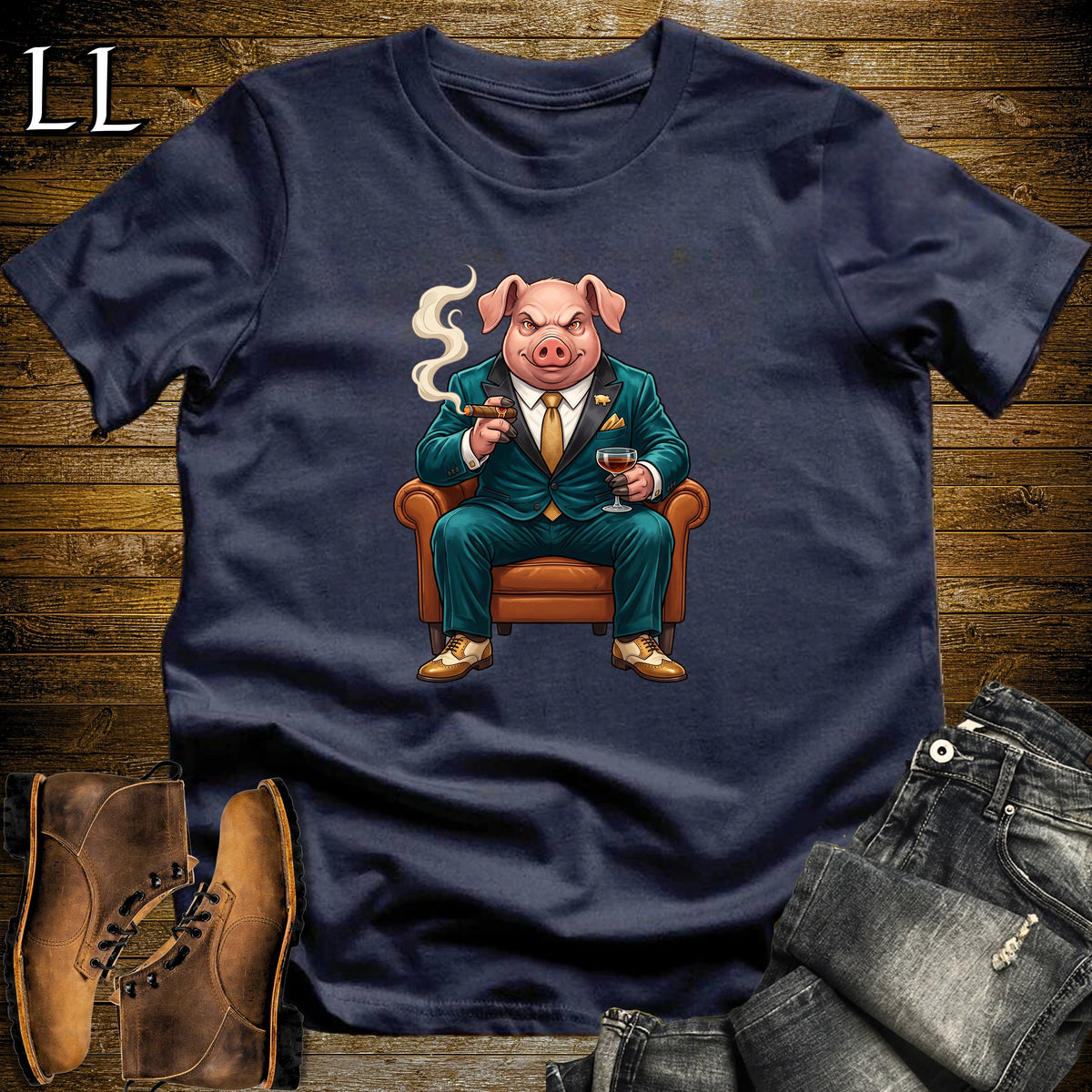Cigar Lounge Pig T-Shirt Navy | Farm Animal Cigar Gift