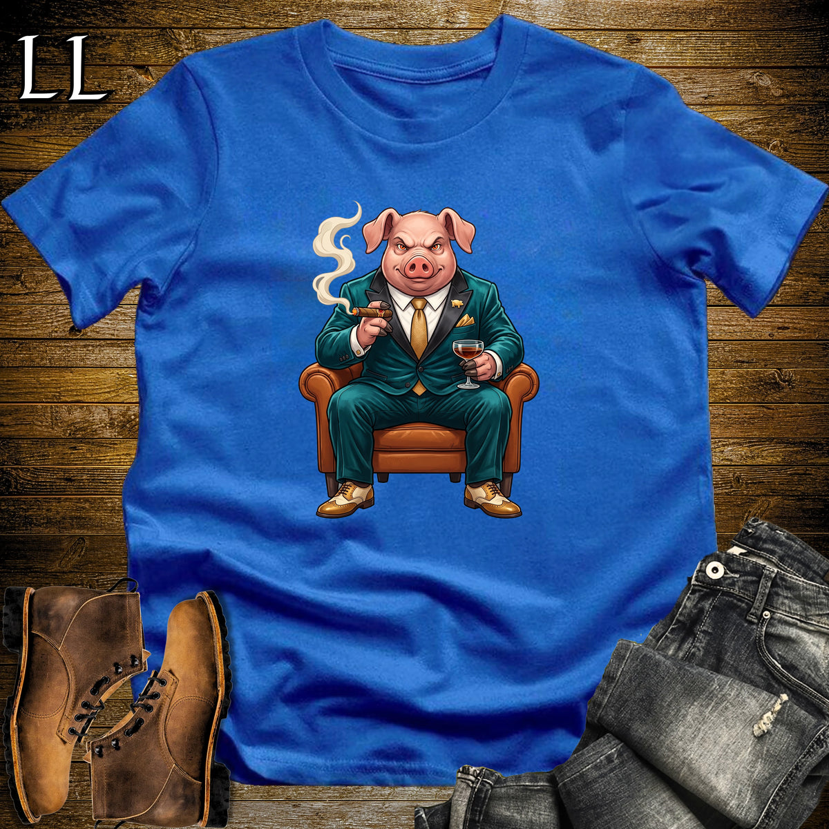 Cigar Lounge Pig T-Shirt Royal Blue | Farm Animal Cigar Gift