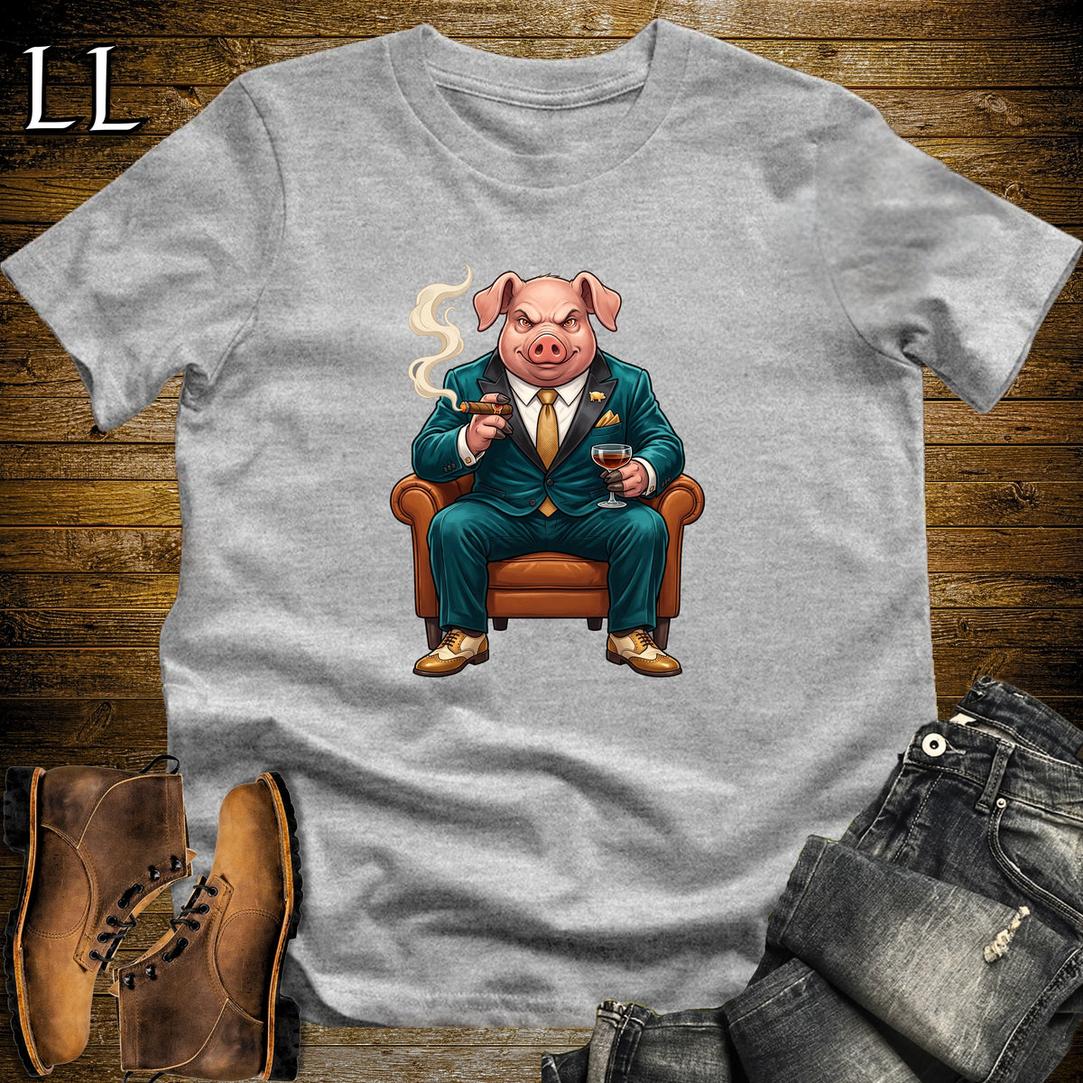 Cigar Lounge Pig T-Shirt Sport Grey | Farm Animal Cigar Gift