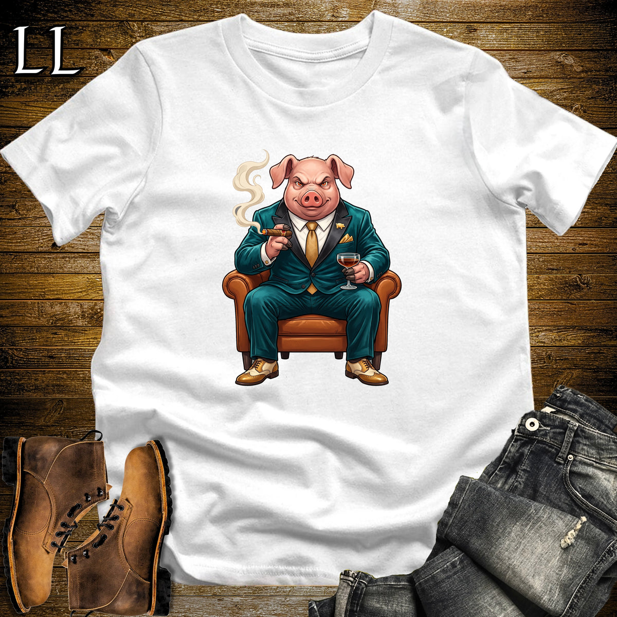 Cigar Lounge Pig T-Shirt White | Farm Animal Cigar Gift