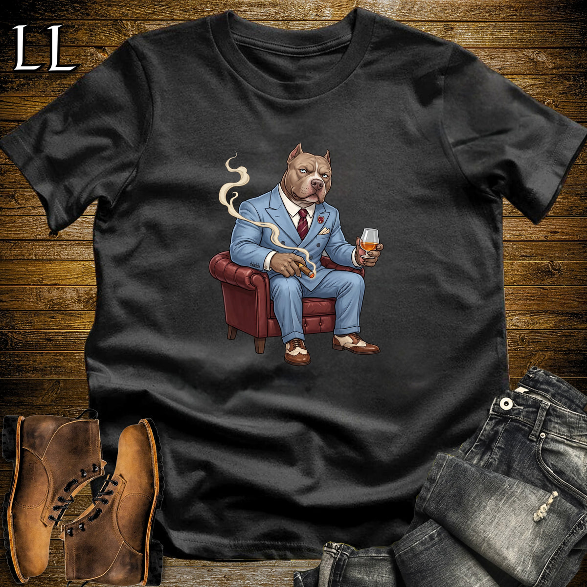 Cigar Lounge Pit Bull T-Shirt Black | Dog Lover Cigar Gift