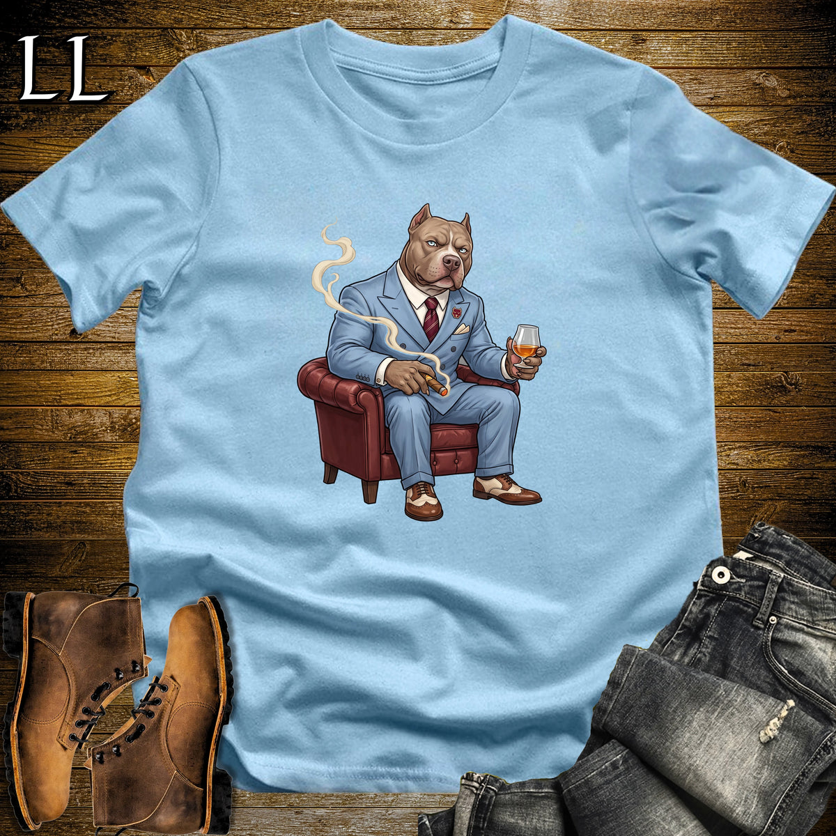Cigar Lounge Pit Bull T-Shirt Light Blue | Dog Lover Cigar Gift
