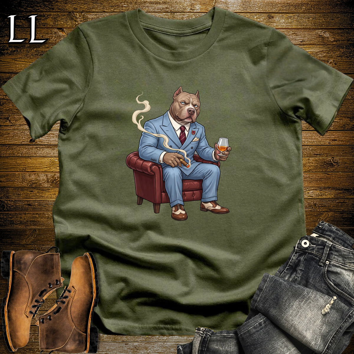 Cigar Lounge Pit Bull T-Shirt Military Green | Dog Lover Cigar Gift