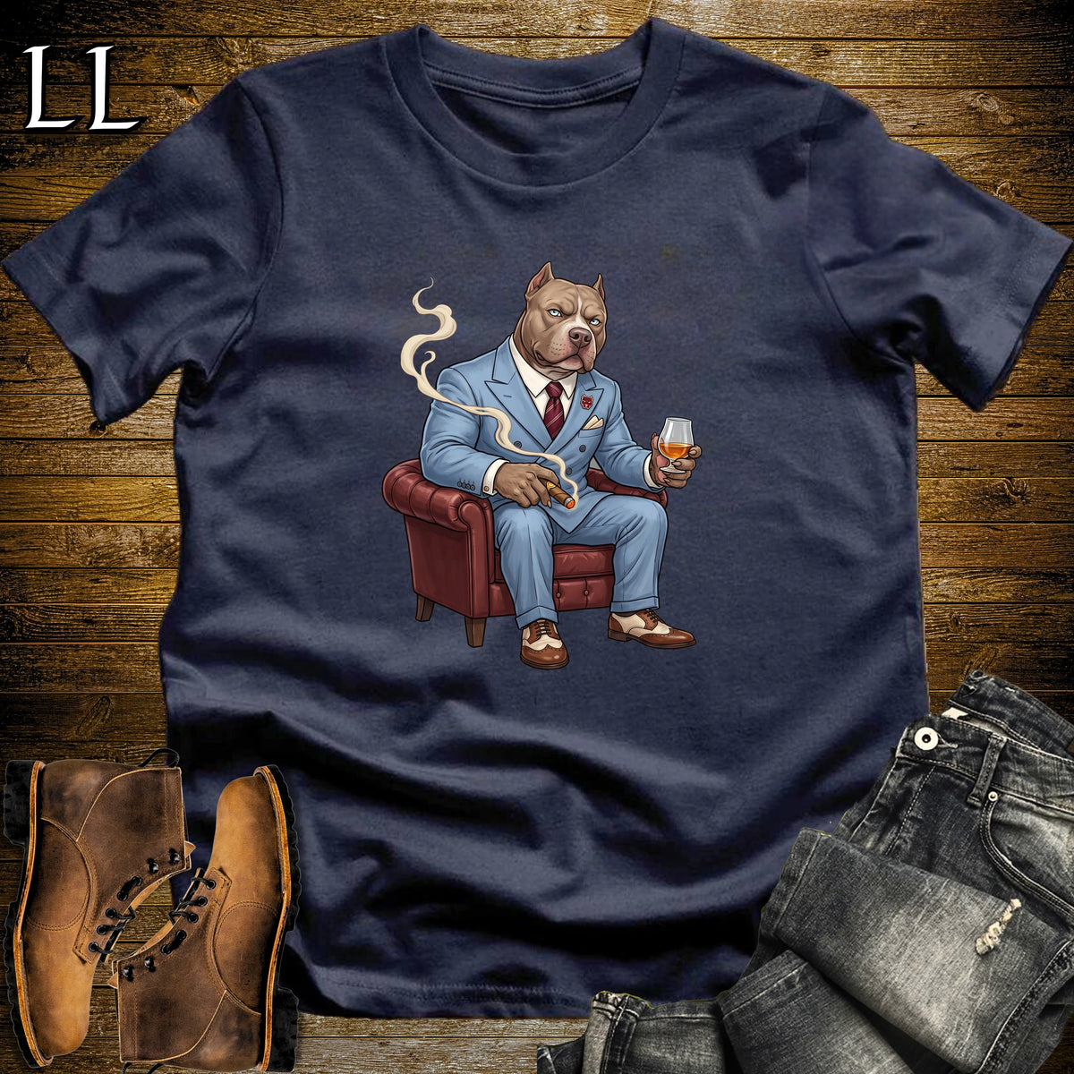 Cigar Lounge Pit Bull T-Shirt Navy | Dog Lover Cigar Gift