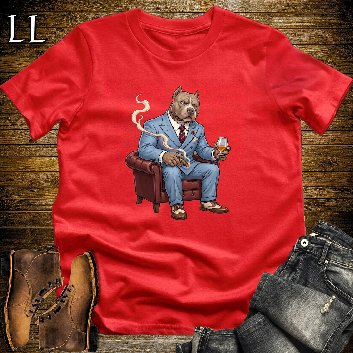 Cigar Lounge Pit Bull T-Shirt Red | Dog Lover Cigar Gift