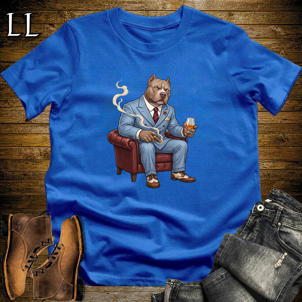 Cigar Lounge Pit Bull T-Shirt Royal Blue | Dog Lover Cigar Gift