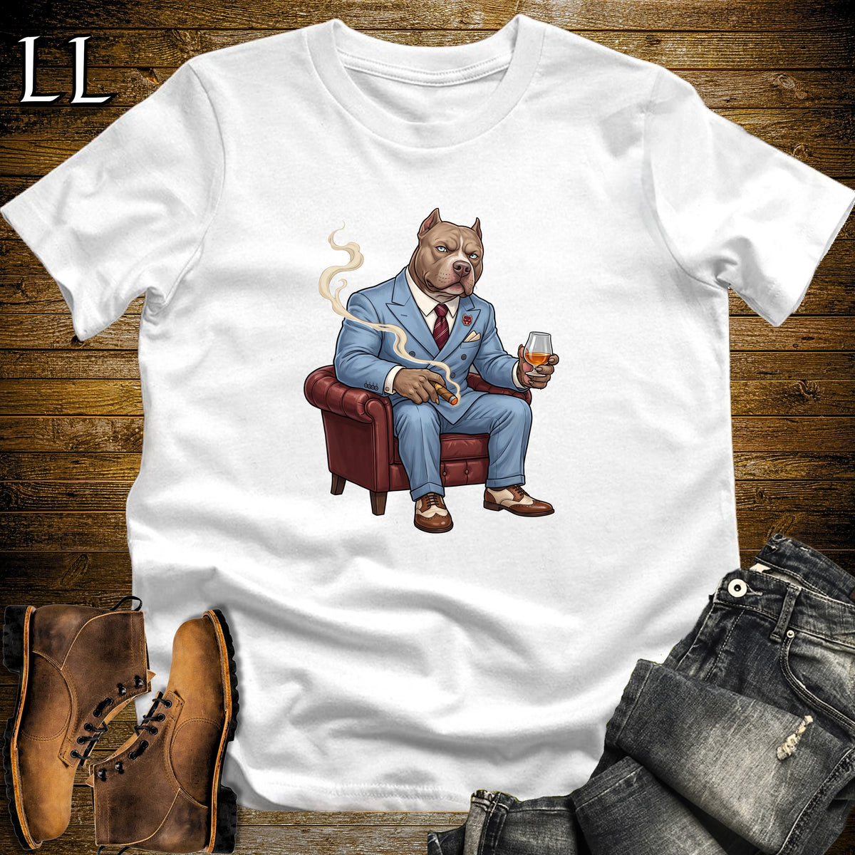 Cigar Lounge Pit Bull T-Shirt White | Dog Lover Cigar Gift