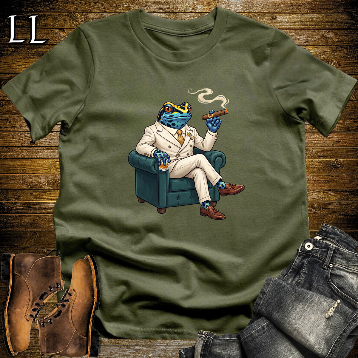 Cigar Lounge Poison Dart Frog T-Shirt Military Green | Frog Cigar Gift
