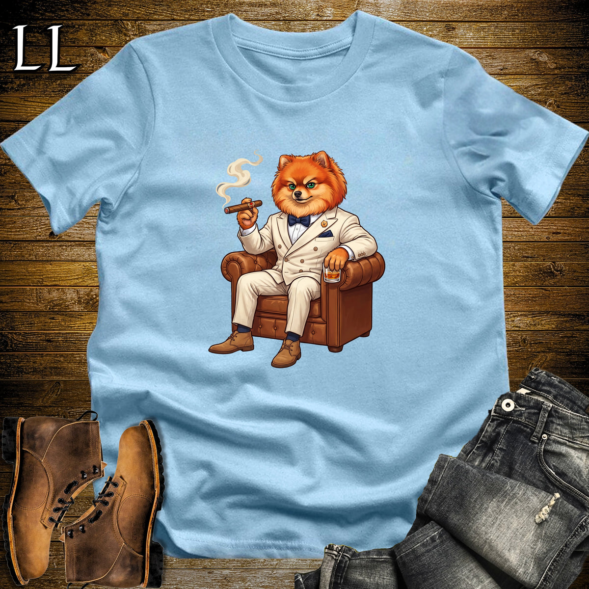 Cigar Lounge Pomeranian T-Shirt Light Blue | Dog Lover Cigar Gift