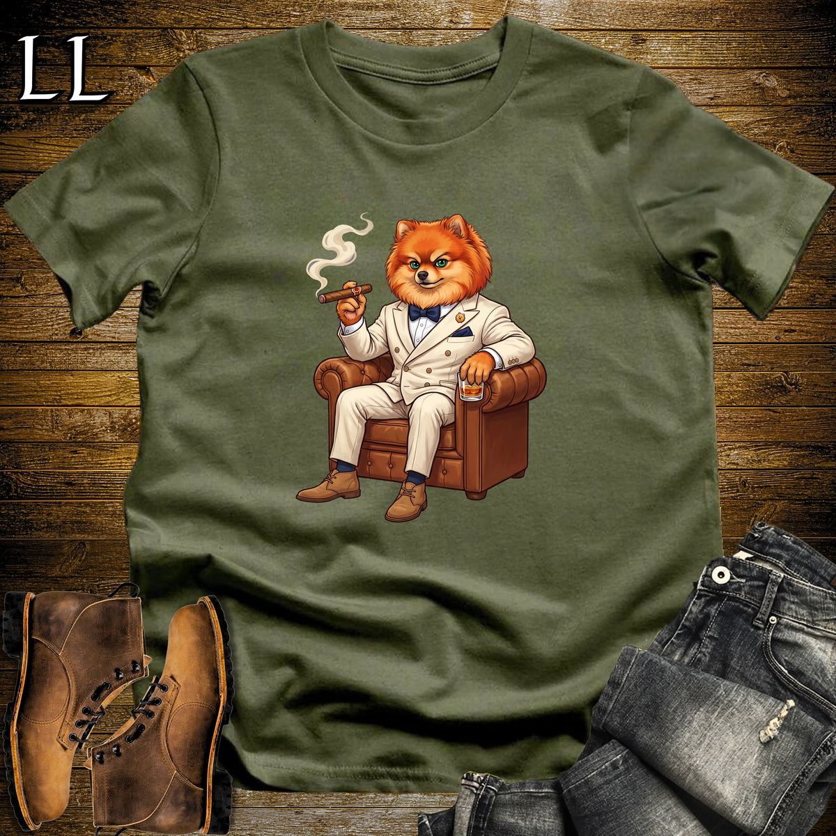 Cigar Lounge Pomeranian T-Shirt Military Green | Dog Lover Cigar Gift