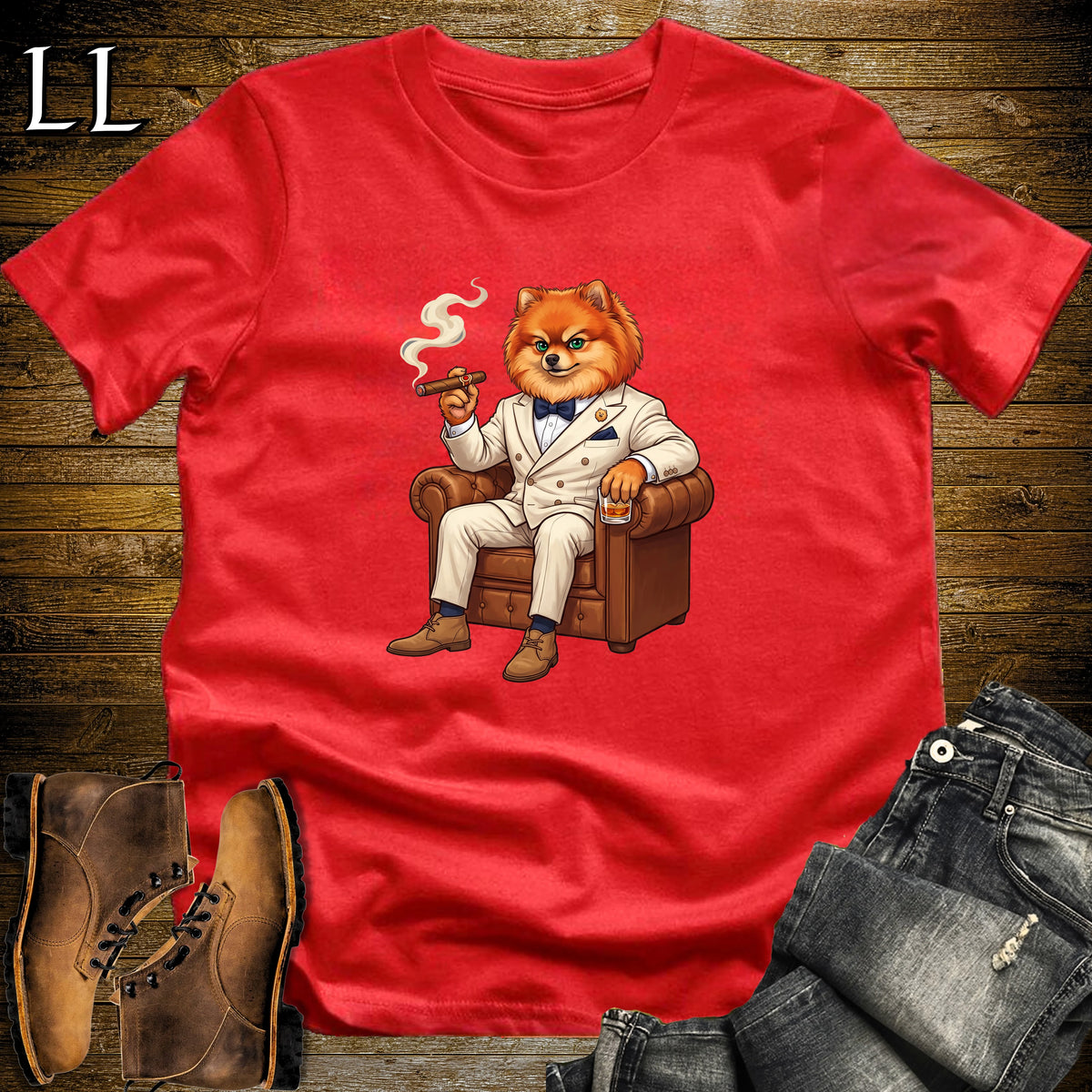 Cigar Lounge Pomeranian T-Shirt Red | Dog Lover Cigar Gift