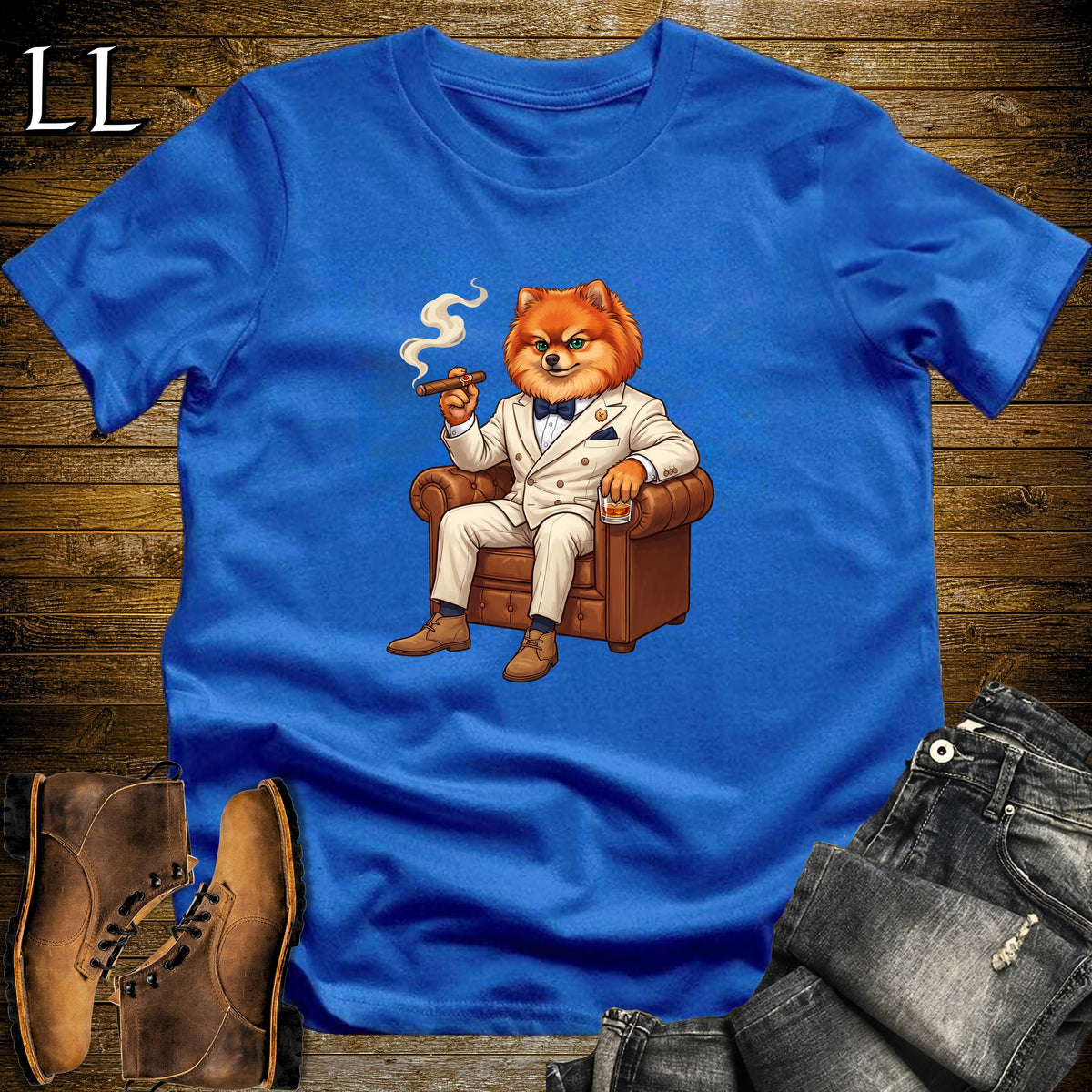 Cigar Lounge Pomeranian T-Shirt Royal Blue | Dog Lover Cigar Gift