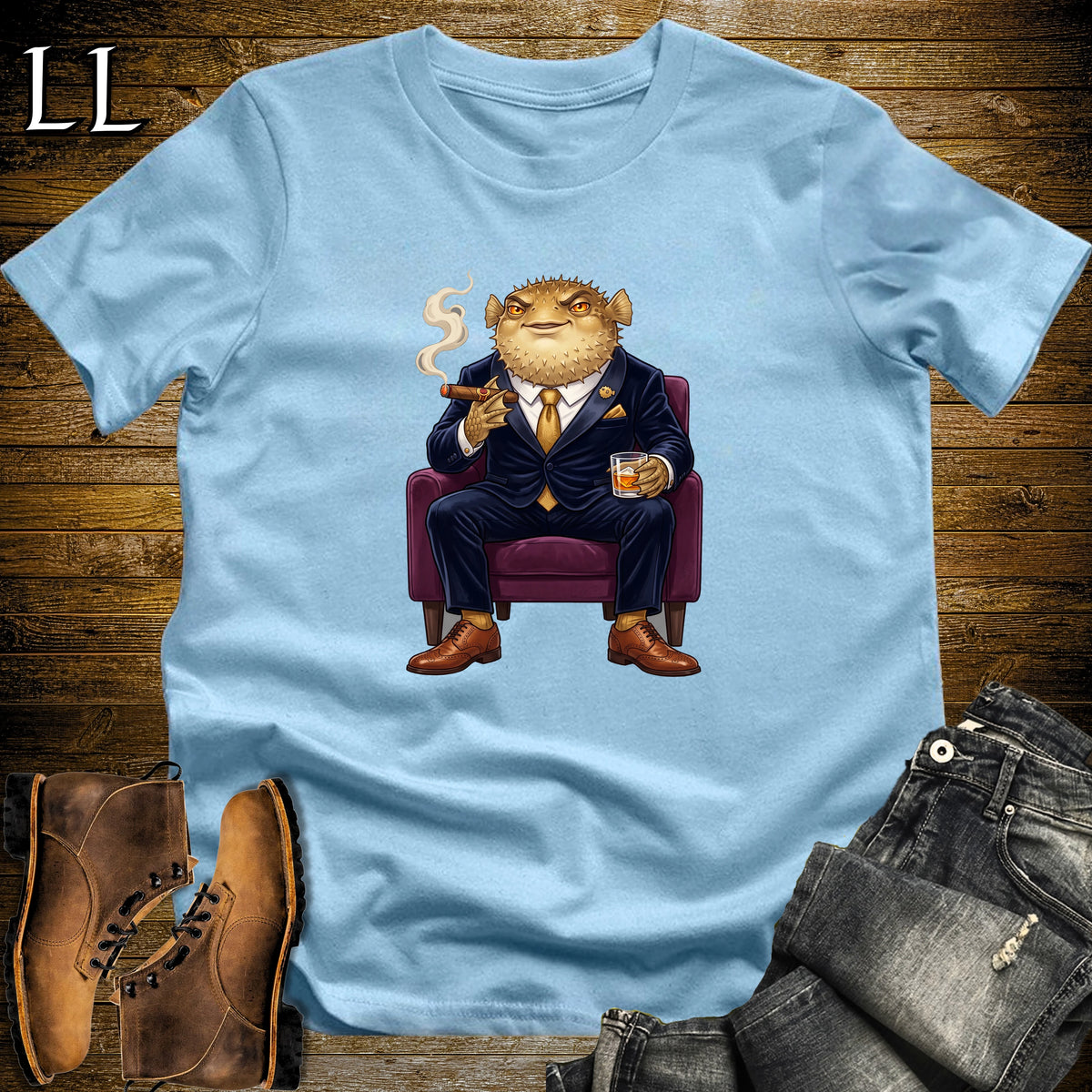Cigar Lounge Pufferfish T-Shirt Light Blue | Beach Cigar Gift