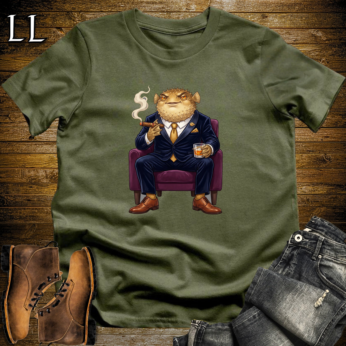 Cigar Lounge Pufferfish T-Shirt Military Green | Beach Cigar Gift