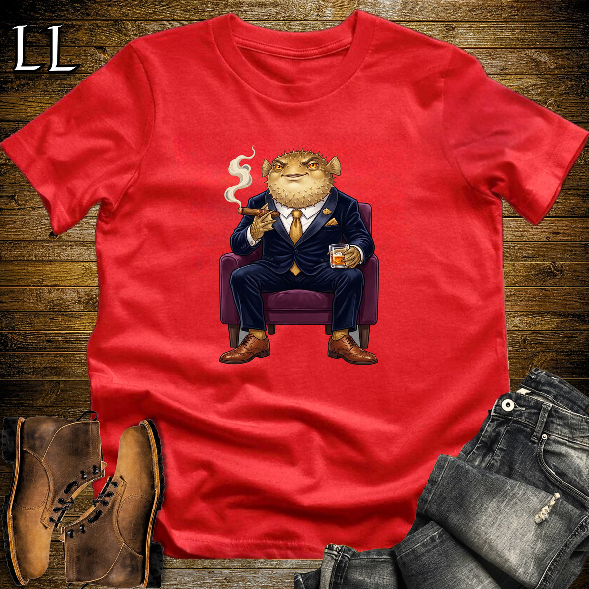 Cigar Lounge Pufferfish T-Shirt Red | Beach Cigar Gift