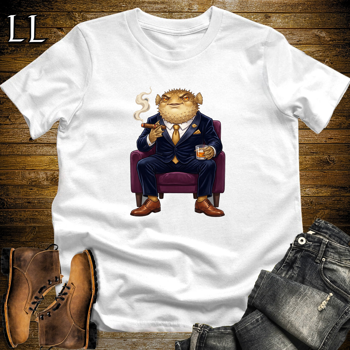 Cigar Lounge Pufferfish T-Shirt White | Beach Cigar Gift