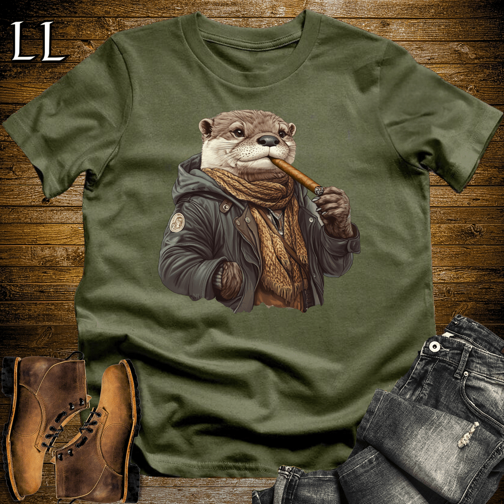 Cigar Otter Shirt Military Green | Funny Animal Cigar Graphic Tee