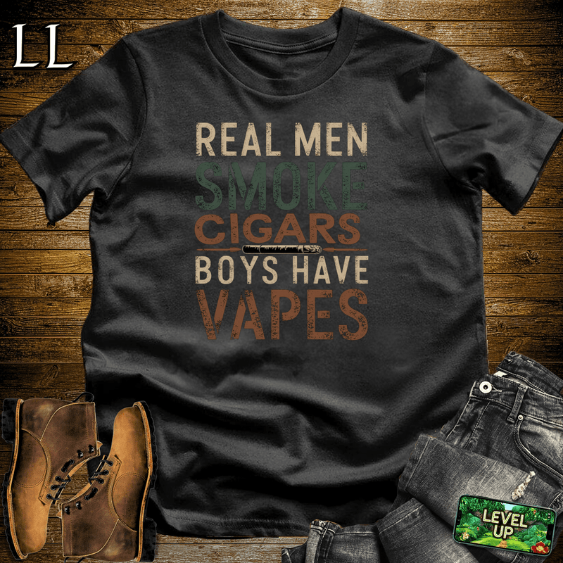 "Real Men Smoke Cigars" bold statement cigar tee in Black — by Legacy Layers