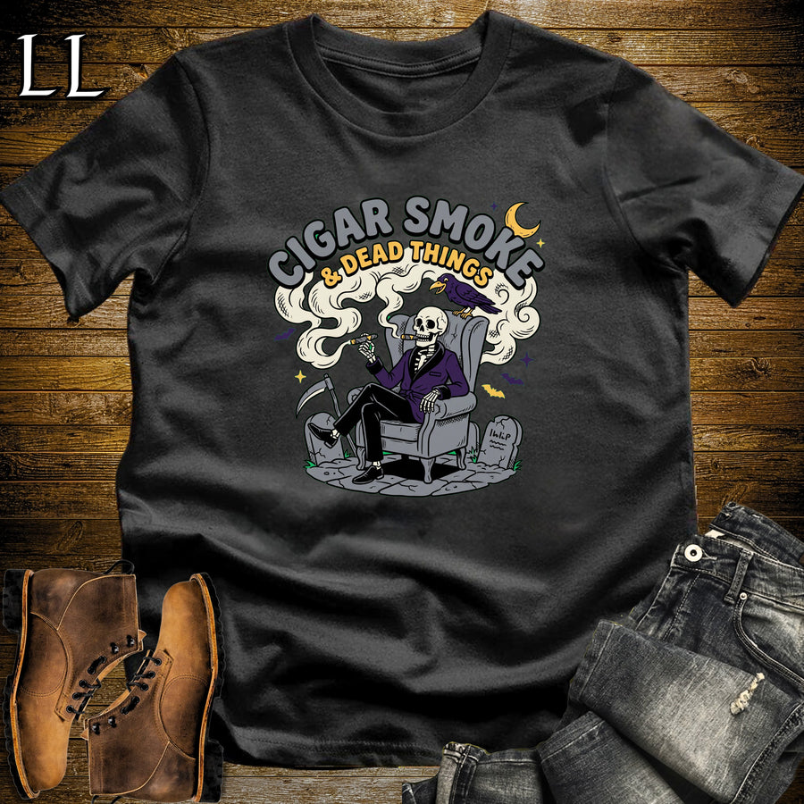 Cigar Smoke & Dead Things Skeleton Wingback Crow T-Shirt Black | Skeleton Crow Cigar Tee