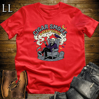 Cigar Smoke & Dead Things Skeleton Wingback Crow T-Shirt Red | Skeleton Crow Cigar Tee