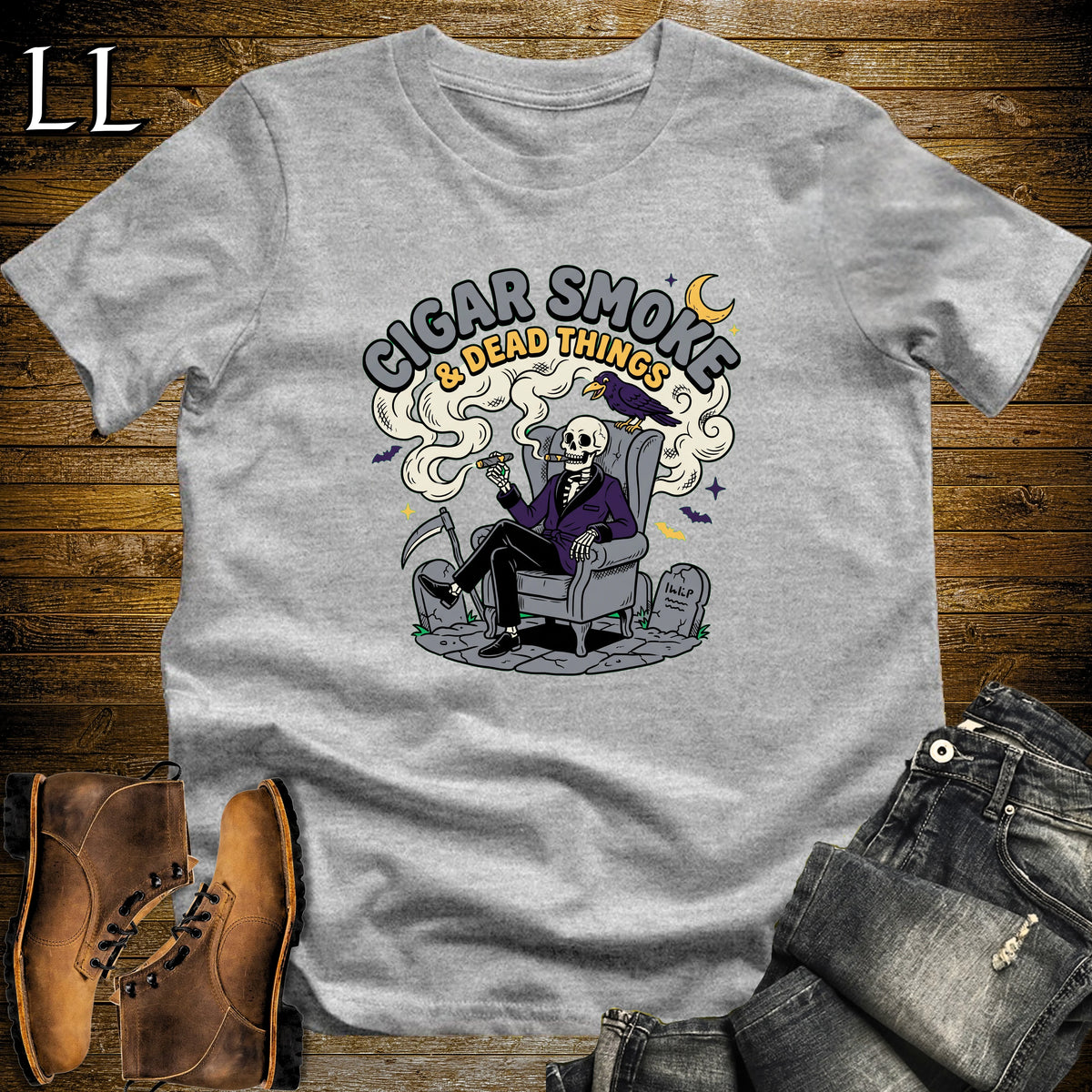 Cigar Smoke & Dead Things Skeleton Wingback Crow T-Shirt Sport Grey | Skeleton Crow Cigar Tee