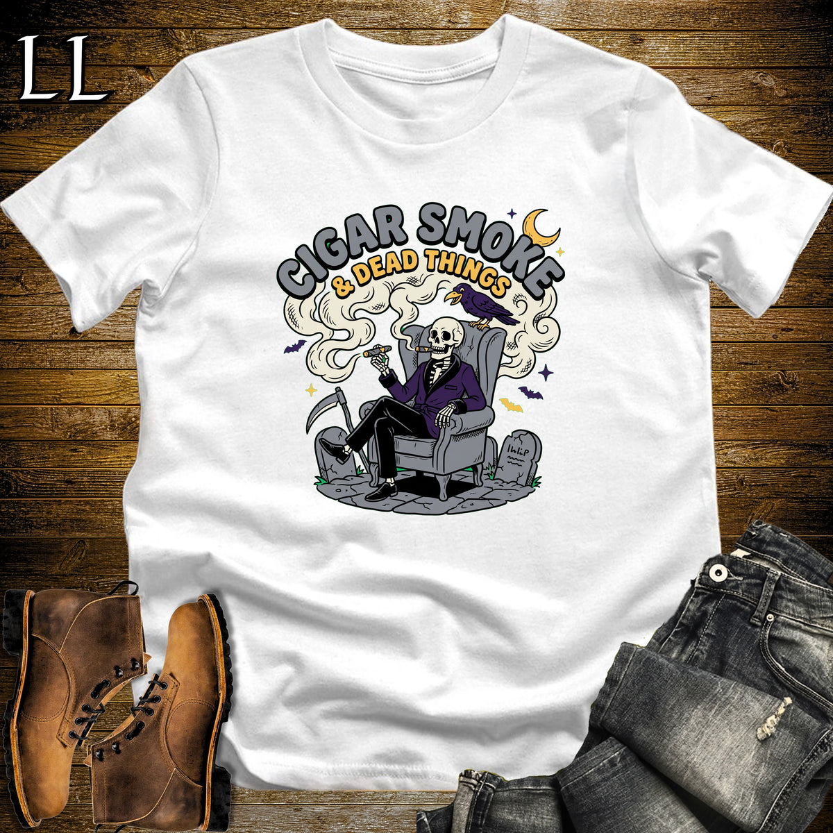 Cigar Smoke & Dead Things Skeleton Wingback Crow T-Shirt White | Skeleton Crow Cigar Tee