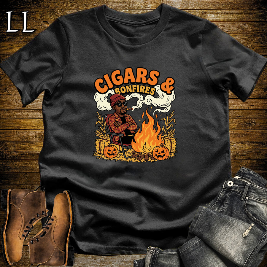Cigars & Bonfires Camp Chair Jack-o'-Lantern Black Man T-Shirt Black | Halloween Cigar Shirt