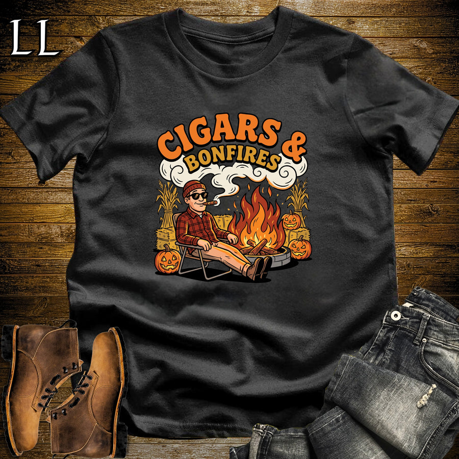 Cigars & Bonfires Camp Chair Jack-o'-Lantern White Man T-Shirt Black | Halloween Cigar Shirt