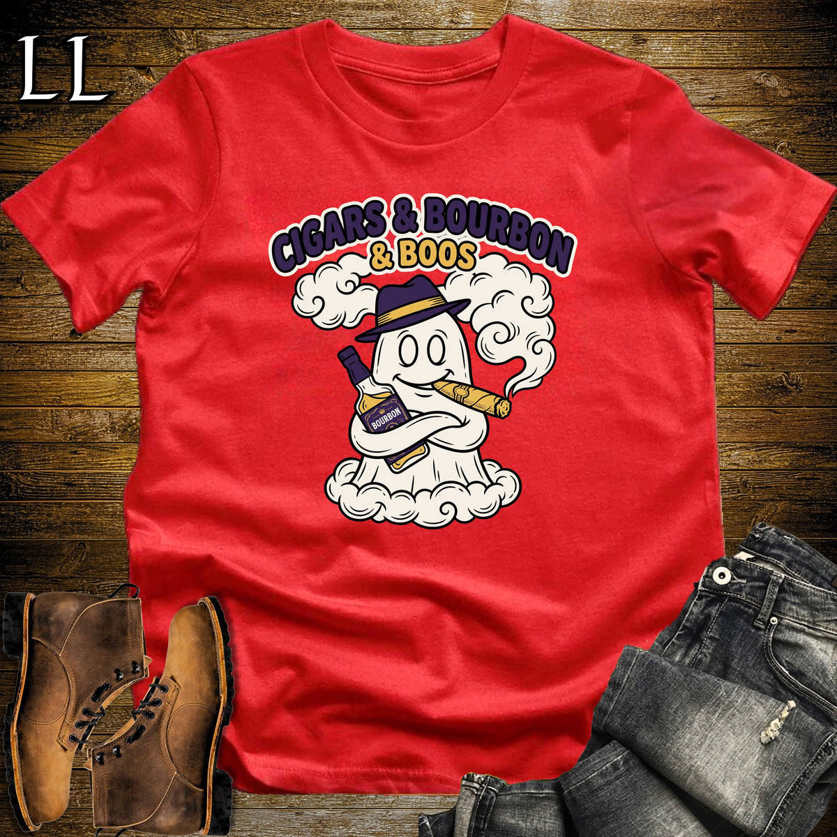 Cigars Bourbon & Boos Ghost Crest T-Shirt Red | Ghost Crest Cigar Bourbon Shirt