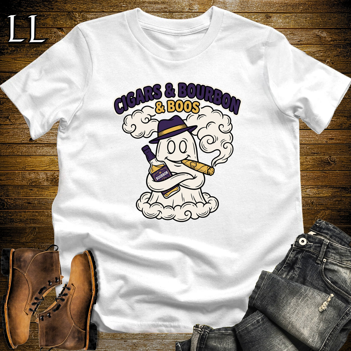 Cigars Bourbon & Boos Ghost Crest T-Shirt White | Ghost Crest Cigar Bourbon Shirt